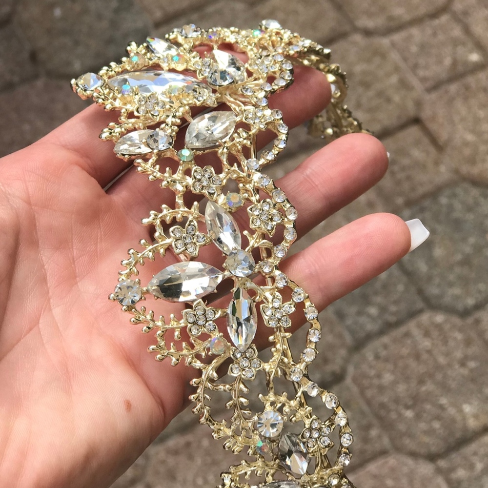 Gold Crystal Rhinestone Embellished Wedding Crown - Picture 3 of 8